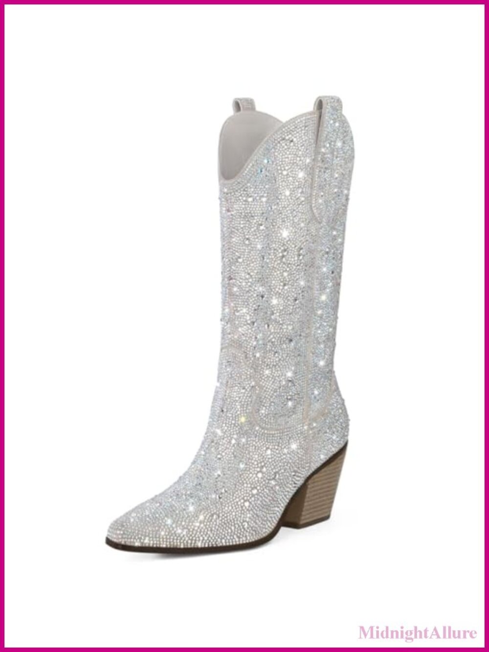 Rhinestone Mid Calf Western Cowboy Boots Sparkly Block Heel Pointed Toe